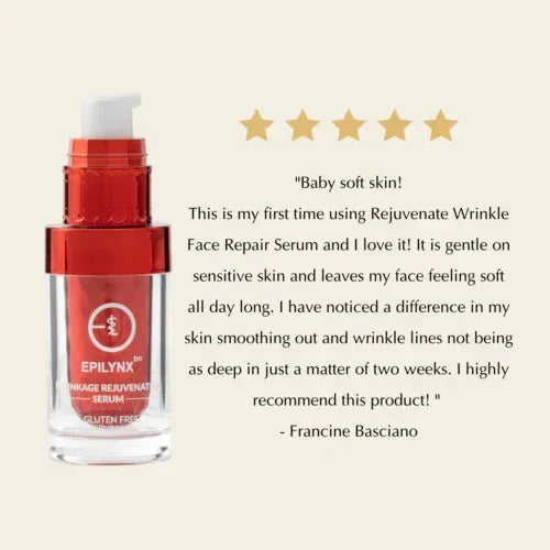 Bottle of NO Nonsense Glow Serum next to a five-star customer review praising its wrinkle-reducing effects.