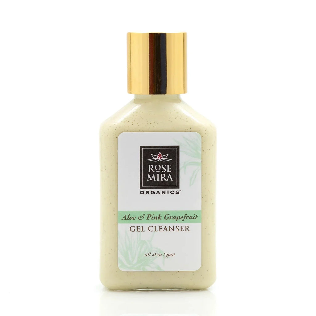 Aloe & Pink Grapefruit Gel Cleanser bottle with gold cap and light green gel inside against white background