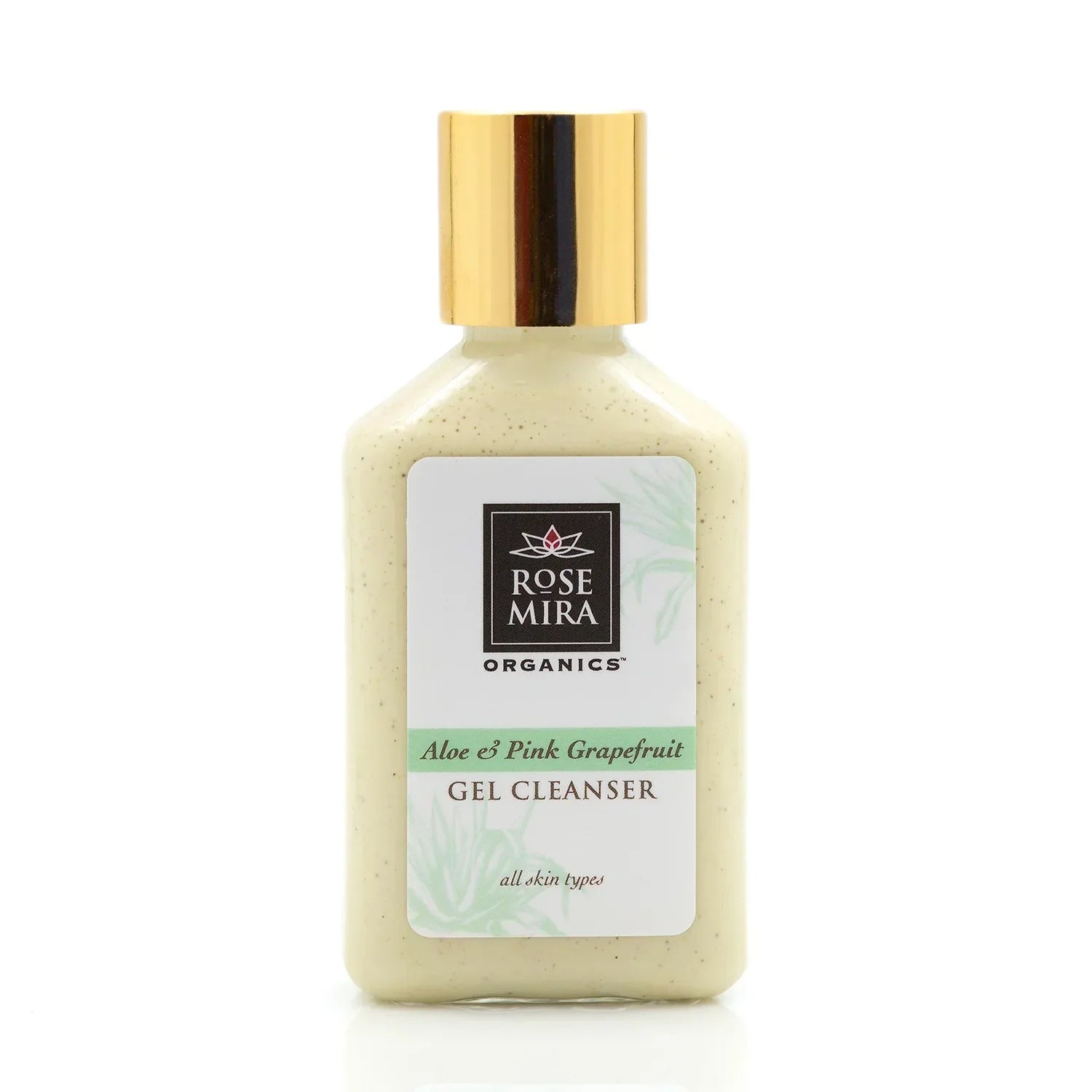 Aloe & Pink Grapefruit Gel Cleanser bottle with gold cap and light green gel inside against white background