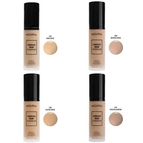 Four shades of MOIRA Complete Wear Foundation bottles with color swatches labeled Nude Beige, Natural Beige, Classic Beige, and Toasted Almond