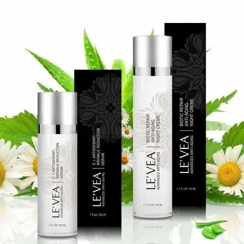 Age Perfect: Night Repair Cream + Vitamin C+ Serum bottles with natural green leaves and white flowers background