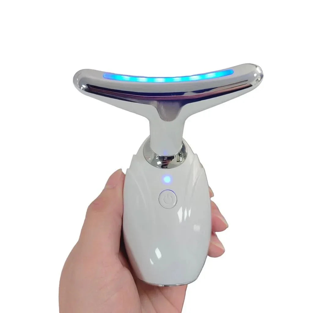 Handheld Neck & Face Lifting LED Therapy Device with blue LED lights and ergonomic metal head.