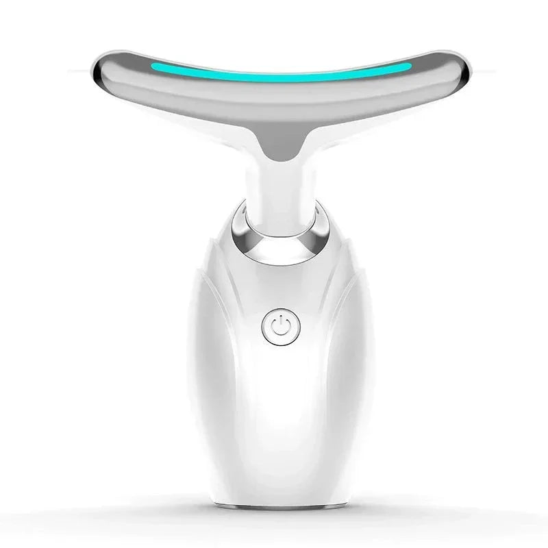 Neck & Face Lifting LED Therapy Device in white with power button and blue LED light strip on top bar