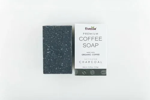 Activated Charcoal - Premium Coffee Soap Bar with black charcoal soap and white coffee-themed packaging on white background