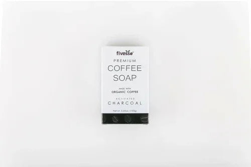 Activated Charcoal - Premium Coffee Soap Bar in white packaging with black coffee bean design and text on front label