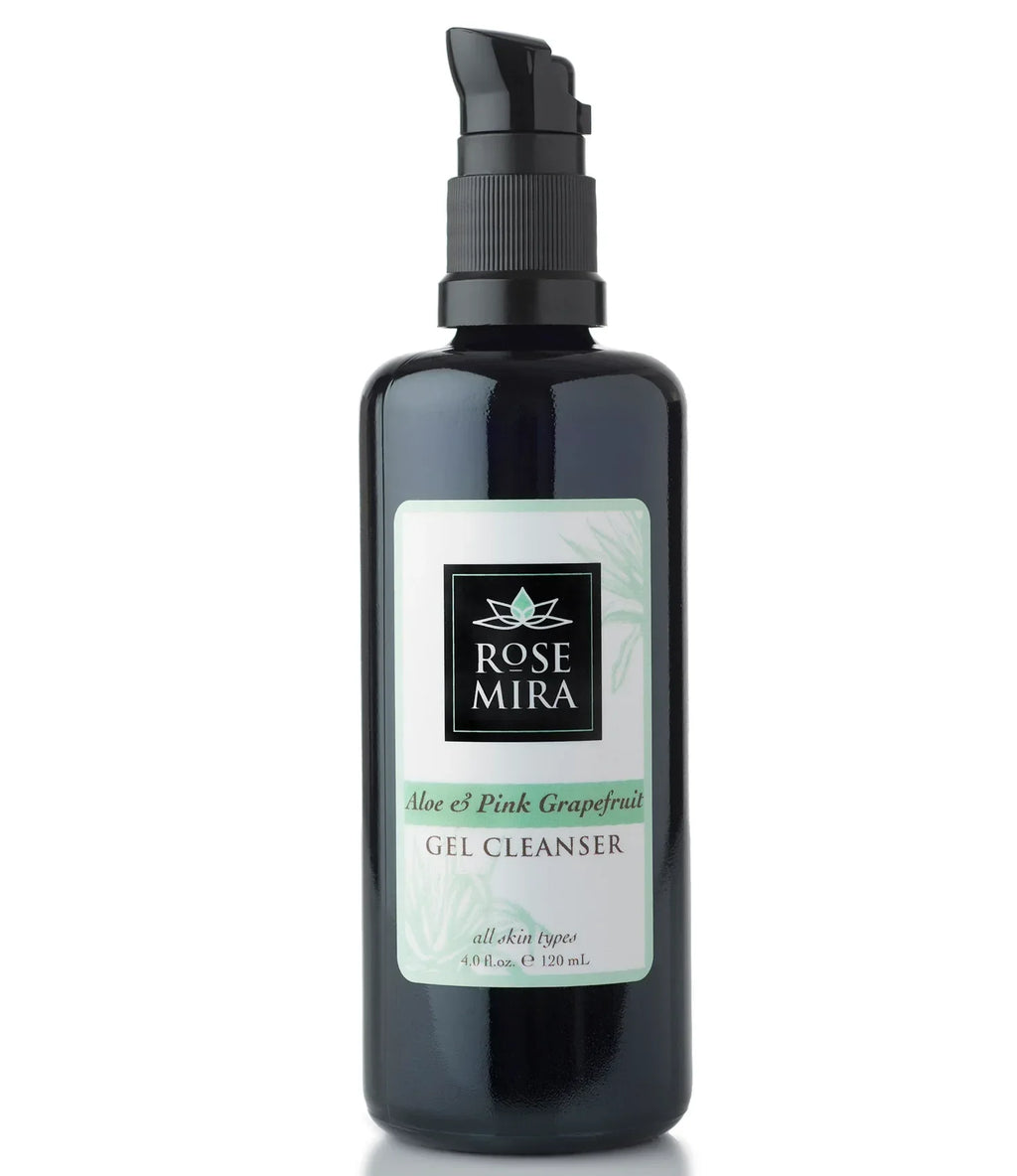 A black bottle of Aloe & Pink Grapefruit Gel Cleanser with pump dispenser and light green label on white background