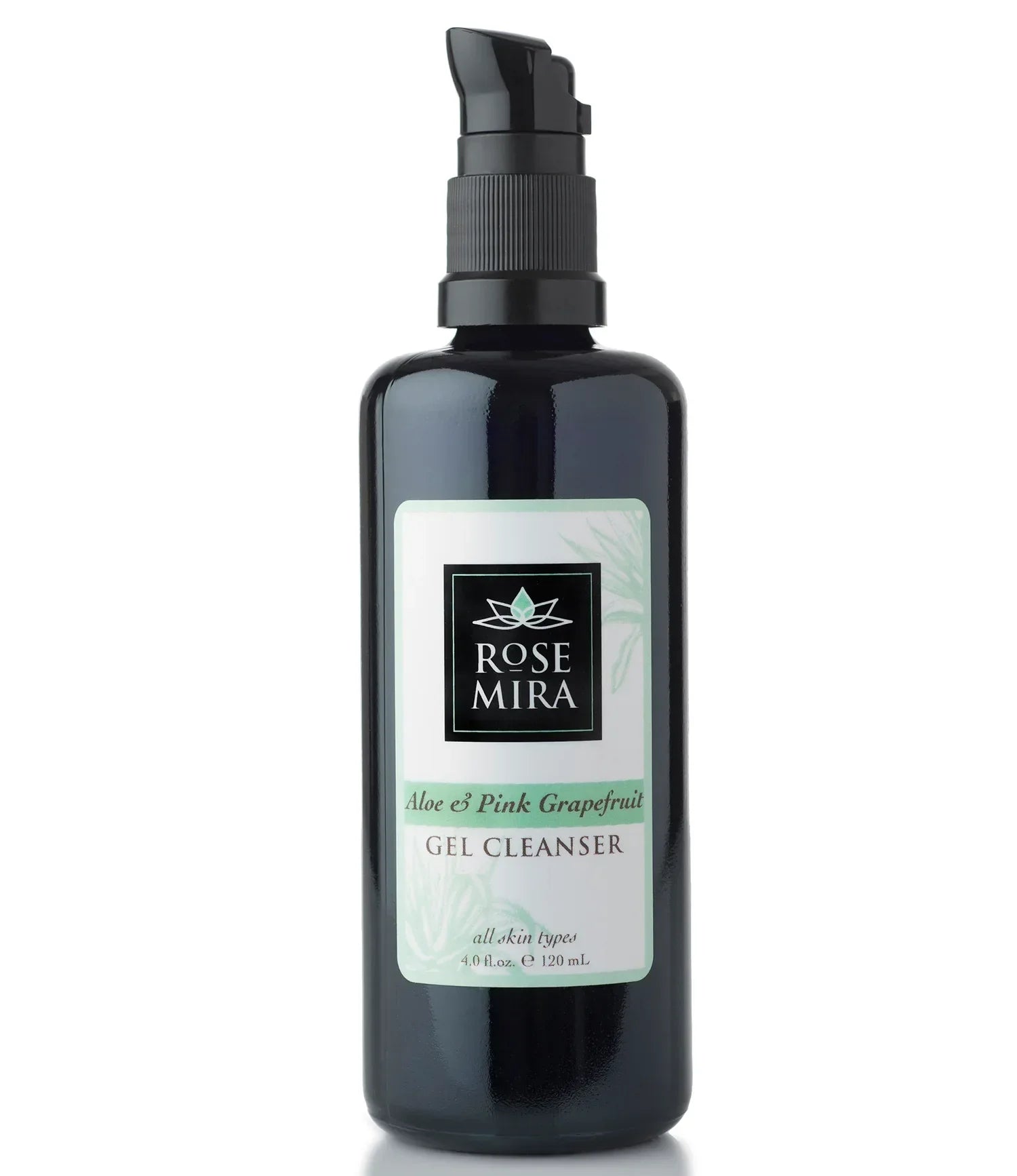 A black bottle of Aloe & Pink Grapefruit Gel Cleanser with pump dispenser and light green label on white background