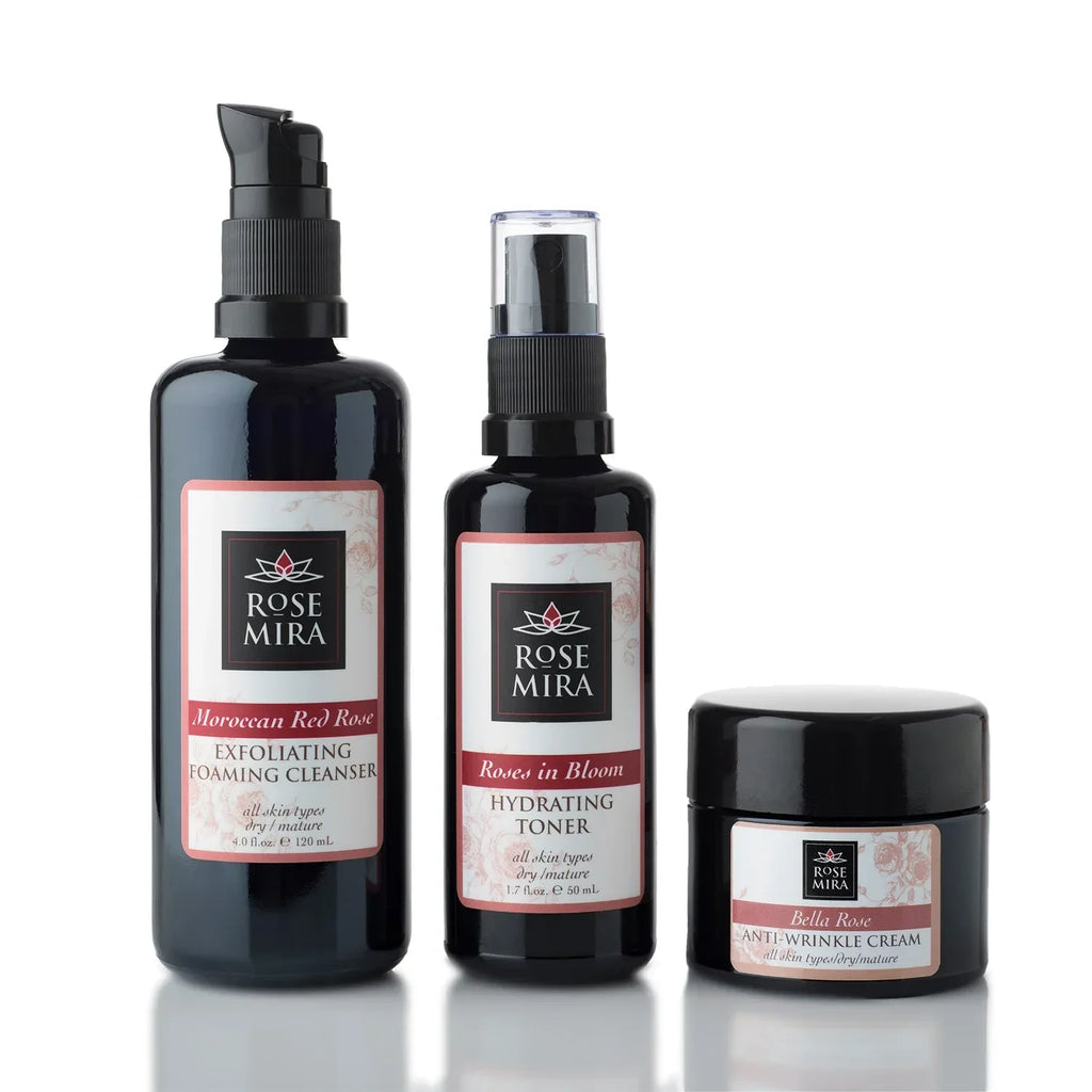 Retail Sized Product Kit/ Moroccan Red Rose Starter Collection (3 items) with cleanser, toner, and anti-wrinkle cream